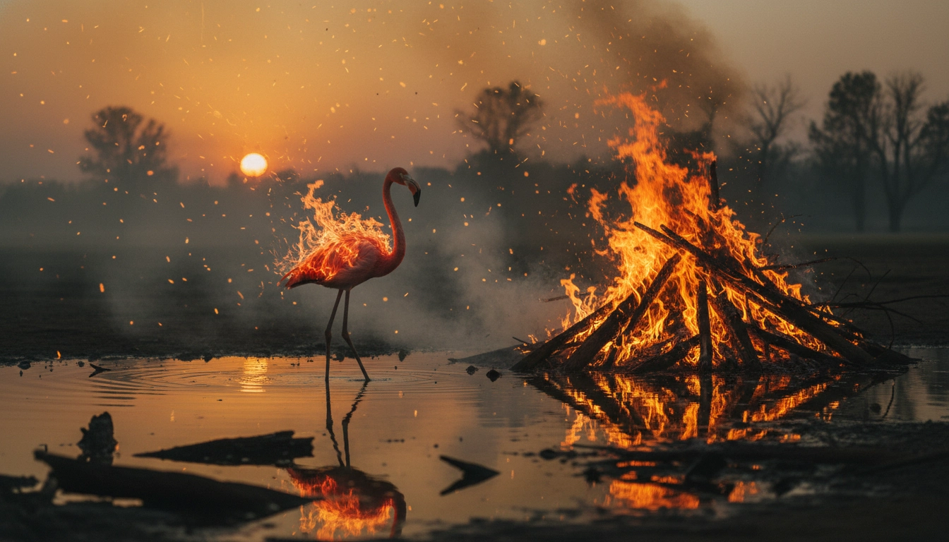 A tall flamingo standing in the orange glow of a distant fire, resembling a Phoenix.