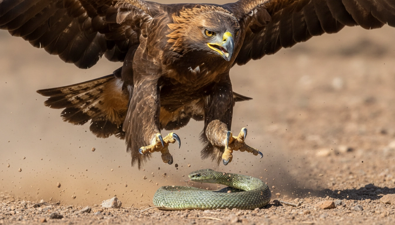 A powerful golden eagle mid-strike against a snake, illustrating the top 5 mythical birds' predatory roots.