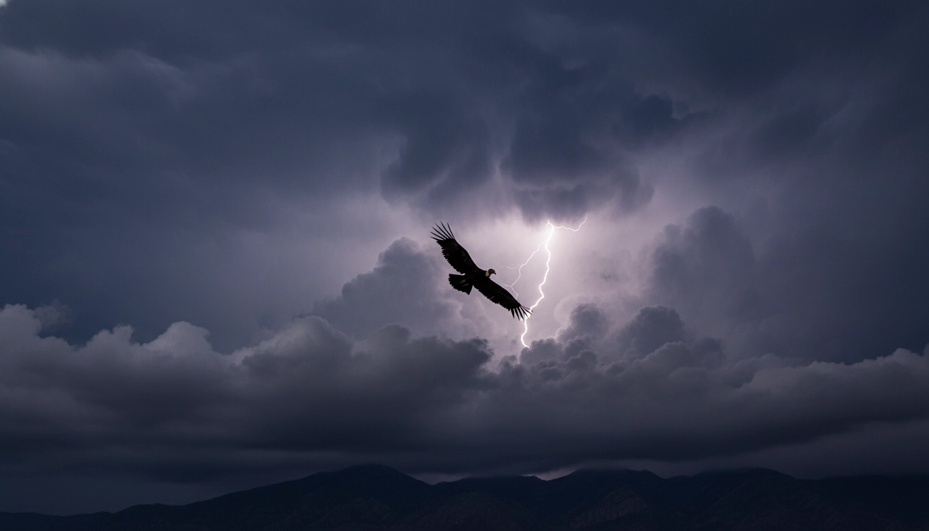 A California Condor soaring in front of massive, dark thunderclouds and a flash of lightning.
