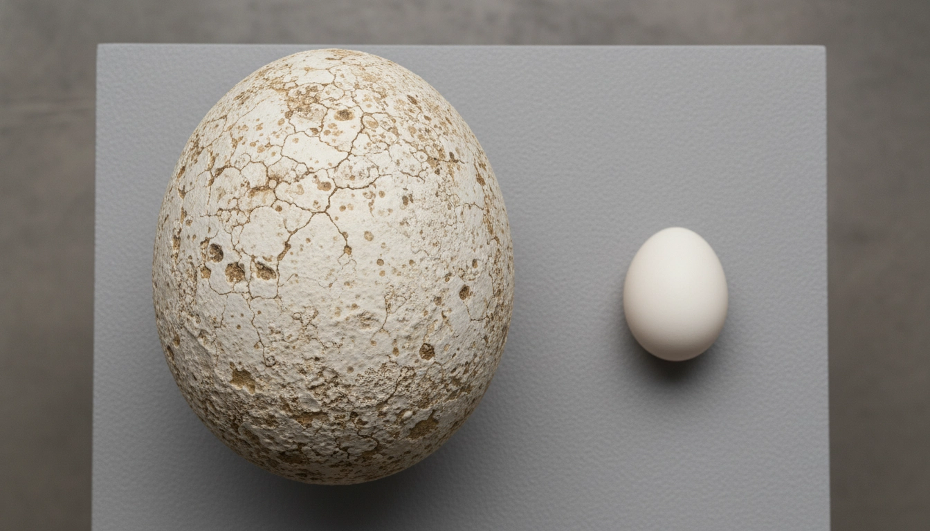 A massive Aepyornis egg placed next to a standard chicken egg for scale.