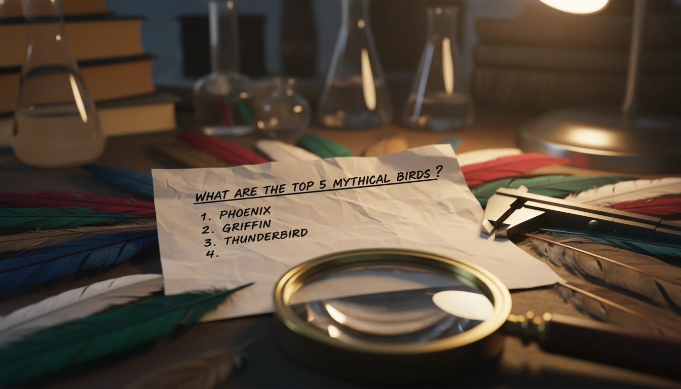 A desk covered in bird feathers, calipers, and a checklist titled What are the top 5 mythical birds?