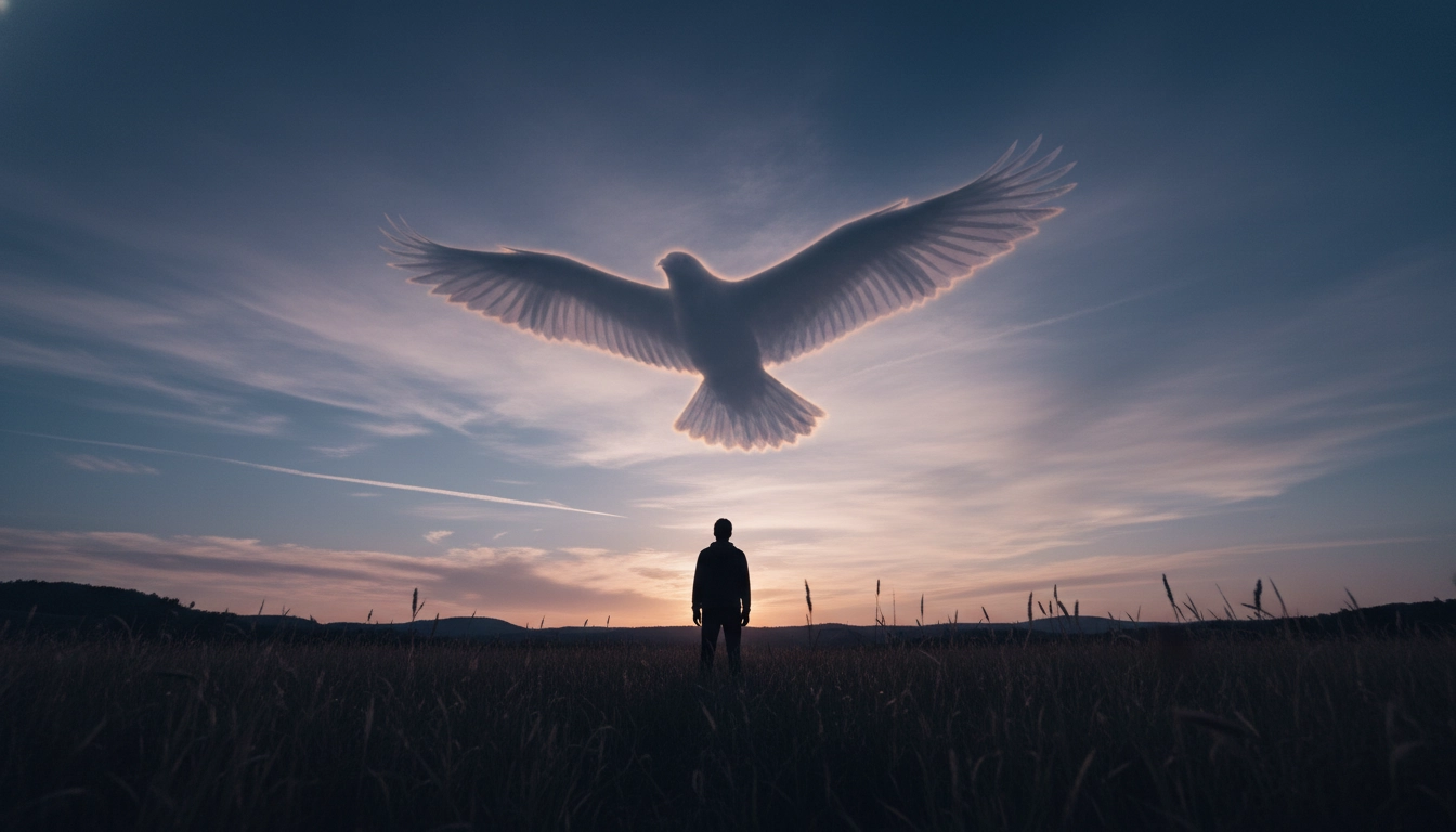 A low-angle shot of a person looking up at a sky where clouds are shaped like a giant bird.