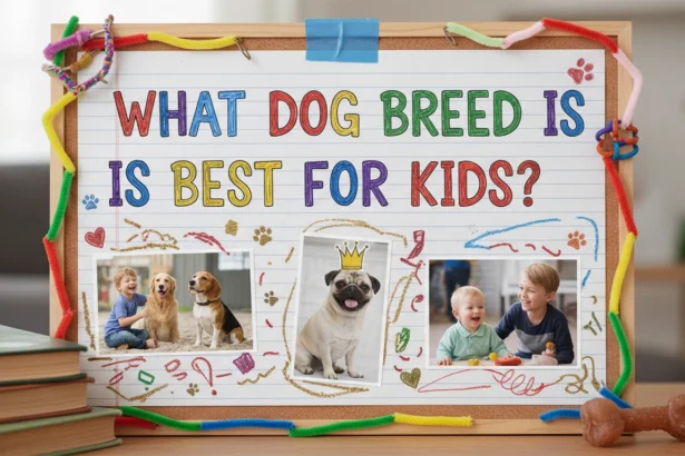 A homemade-style photo of a toddler hugging a patient dog in a messy living room, answering the question: What dog breed is best for kids?