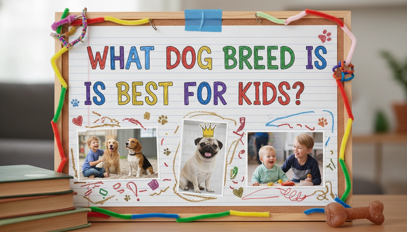 A homemade-style photo of a toddler hugging a patient dog in a messy living room, answering the question: What dog breed is best for kids?