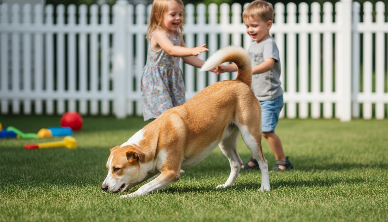 A medium-sized, sturdy dog playing gently with a group of children in a backyard, showing what dog breed is best for kids.