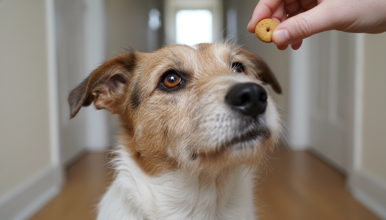 A focused dog looking up at its owner during a training session, demonstrating a kid-friendly temperament.