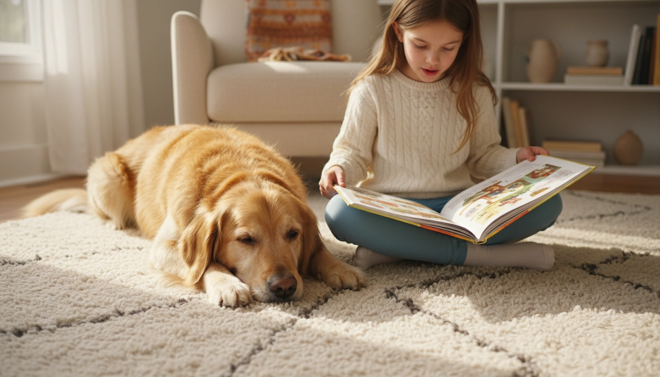 A gentle Golden Retriever lying on the floor next to a child who is reading a book.