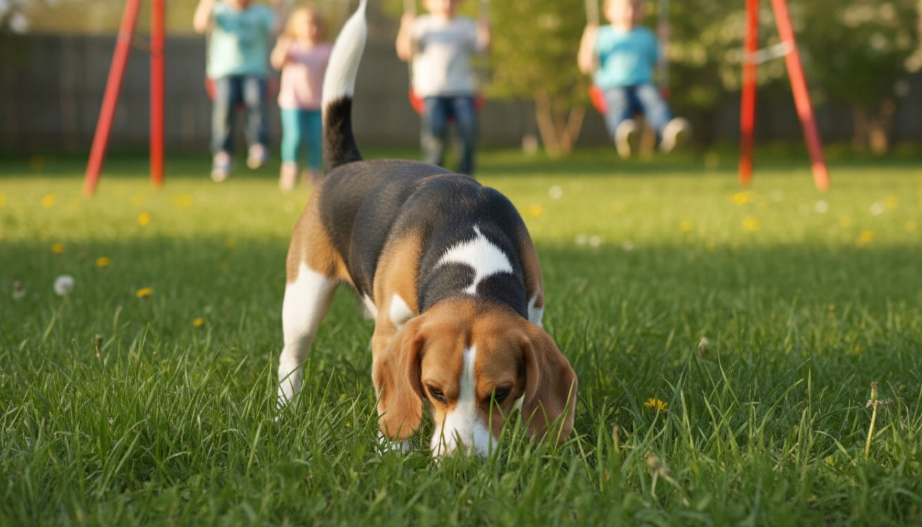 A curious Beagle dog sniffing a trail in a grassy backyard with kids in the background.