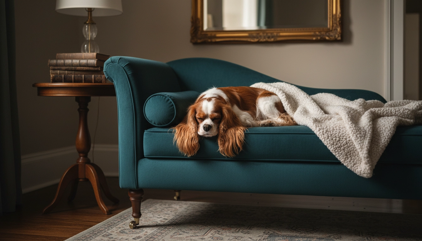 An affectionate Cavalier King Charles Spaniel sitting on a velvet sofa.