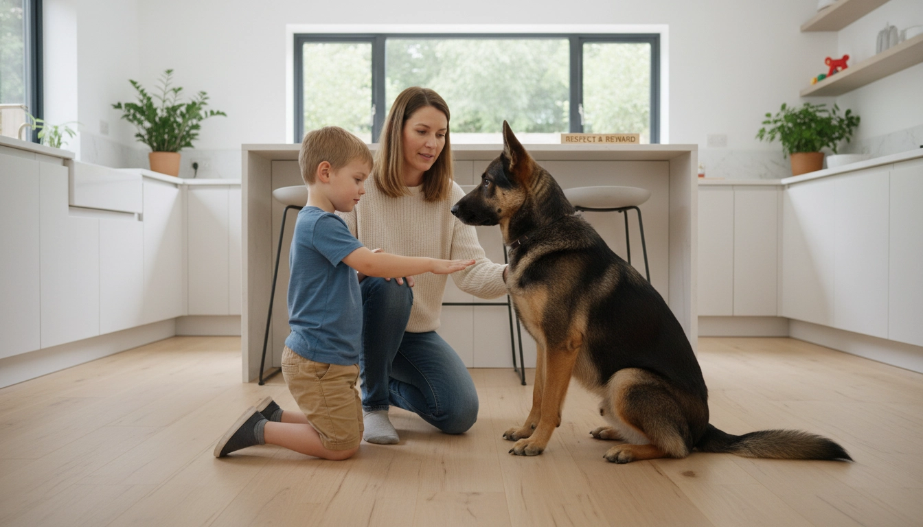 A parent supervising a child giving a "sit" command to a dog, ensuring a safe and harmonious home.