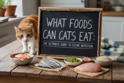 A homemade photo of a curious tabby cat sitting on a kitchen chair looking at a plate of plain chicken, illustrating what foods can cats eat.