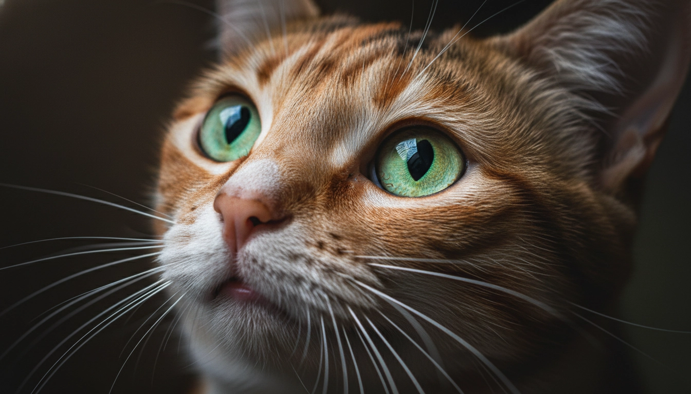 A close-up of a cat's face with dilated pupils looking intensely at a piece of cooked meat.