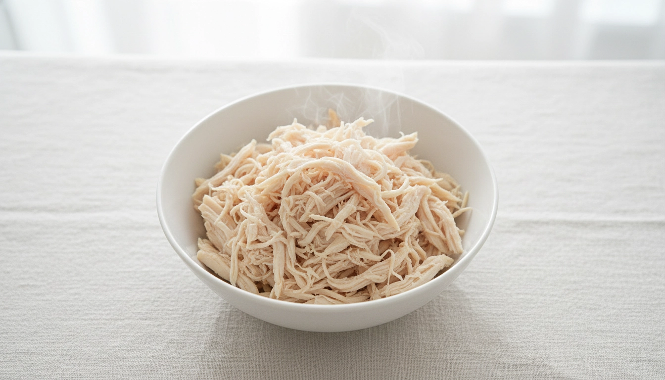 A white bowl containing plain, shredded, skinless boiled chicken breast.
