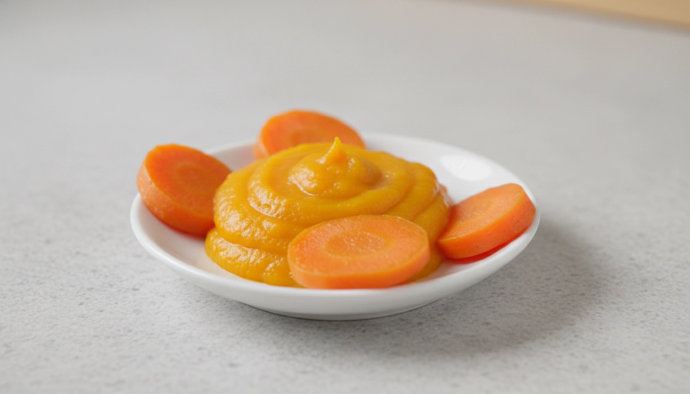 A small plate with a spoonful of plain pumpkin puree and a few soft-cooked carrot slices.