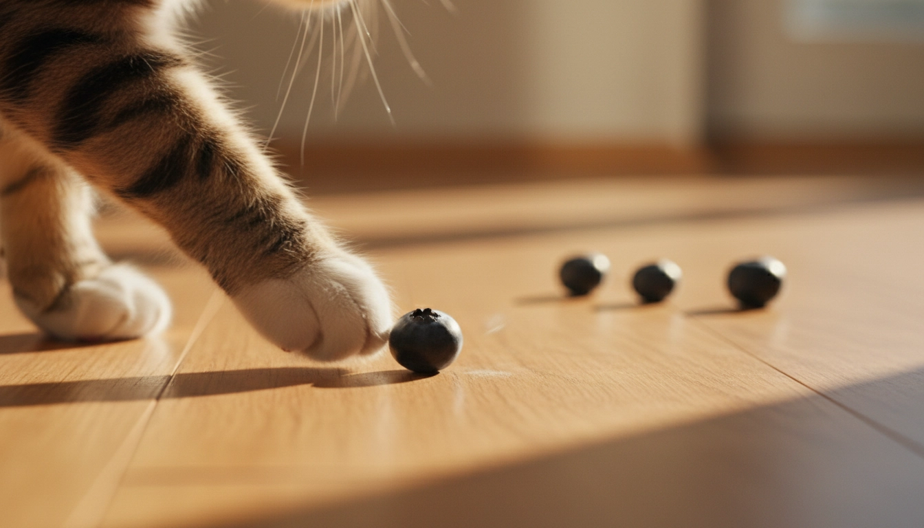 A cat sniffing a single blueberry on a wooden floor.