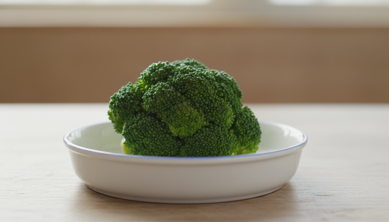 A small, soft-steamed broccoli floret served in a small pet dish.