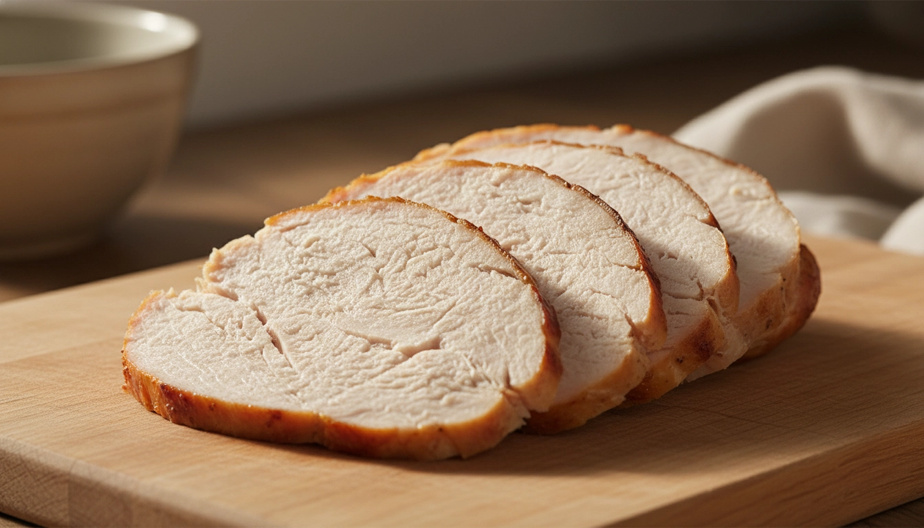 Thinly sliced, plain roasted turkey breast on a cutting board.