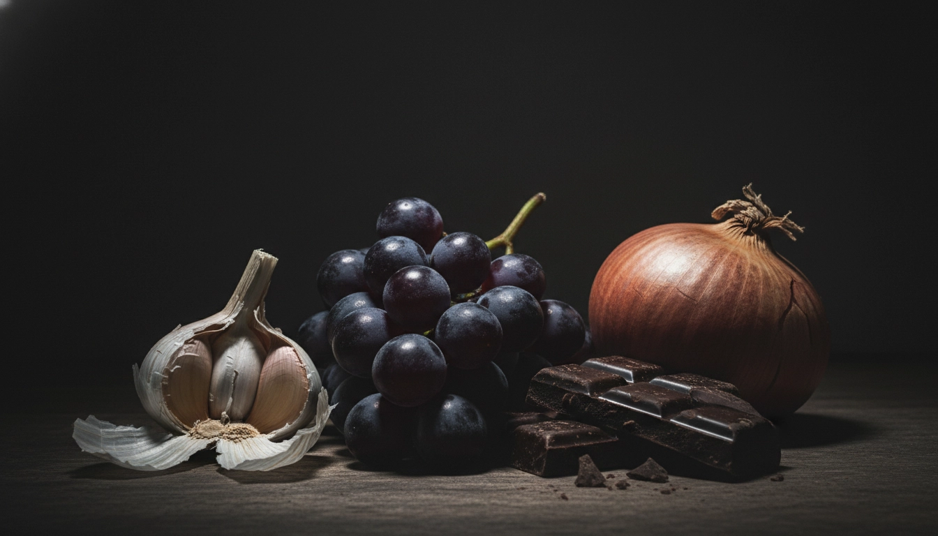 A "no" symbol overlaid on a photo of grapes, onions, and chocolate.