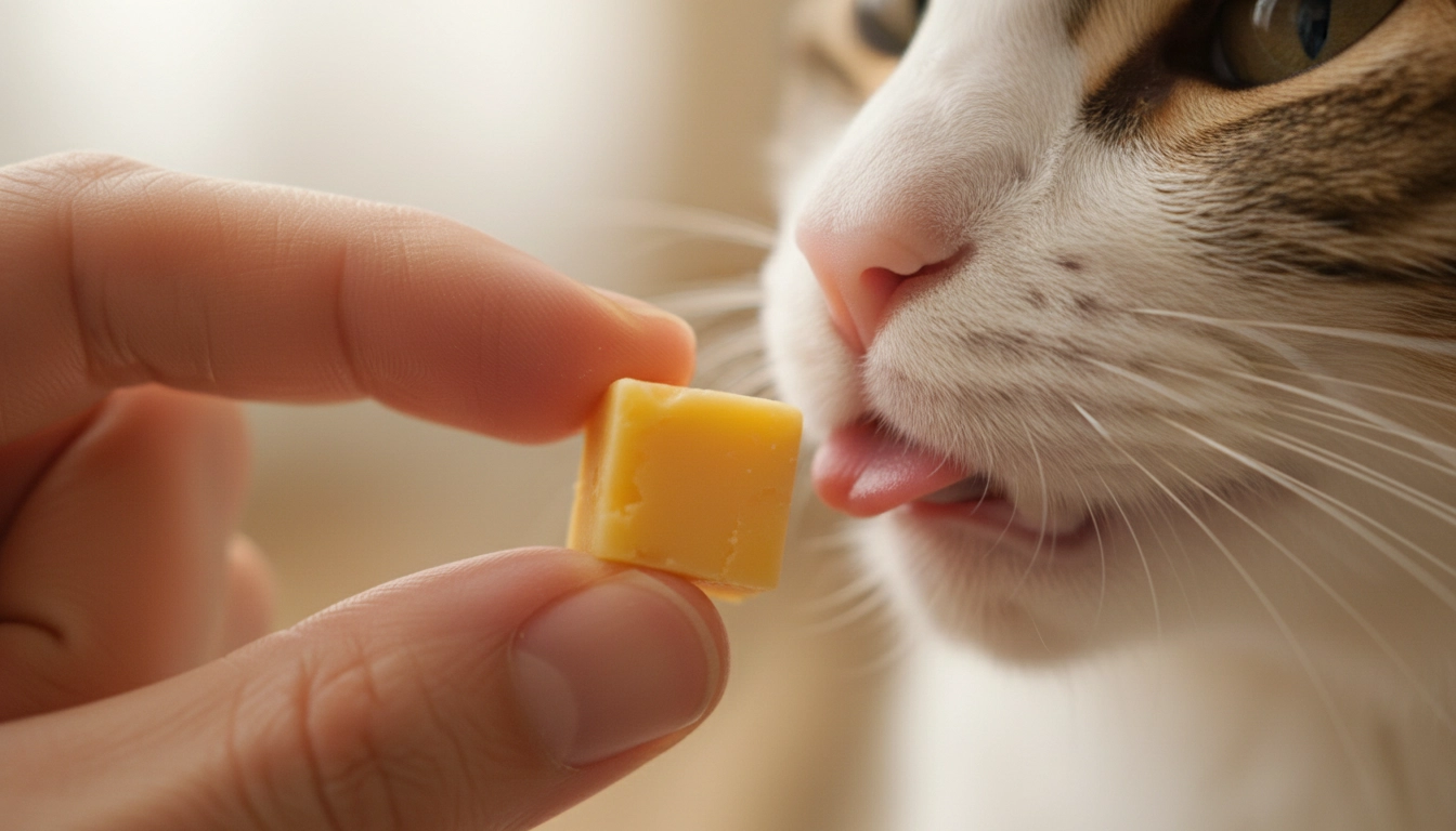 A human hand holding a very small, pea-sized cube of cheddar cheese toward a cat.
