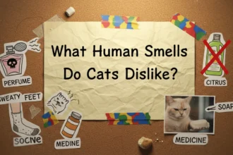 A domestic cat squinting and pulling away from a fresh orange peel to illustrate what human smells do cats dislike?.