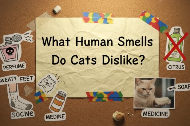 A domestic cat squinting and pulling away from a fresh orange peel to illustrate what human smells do cats dislike?.