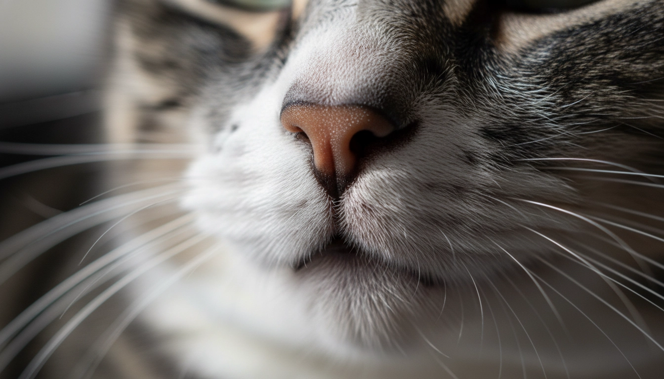 A macro shot of a cat's wet nose and sensory whiskers, highlighting their complex olfactory system.