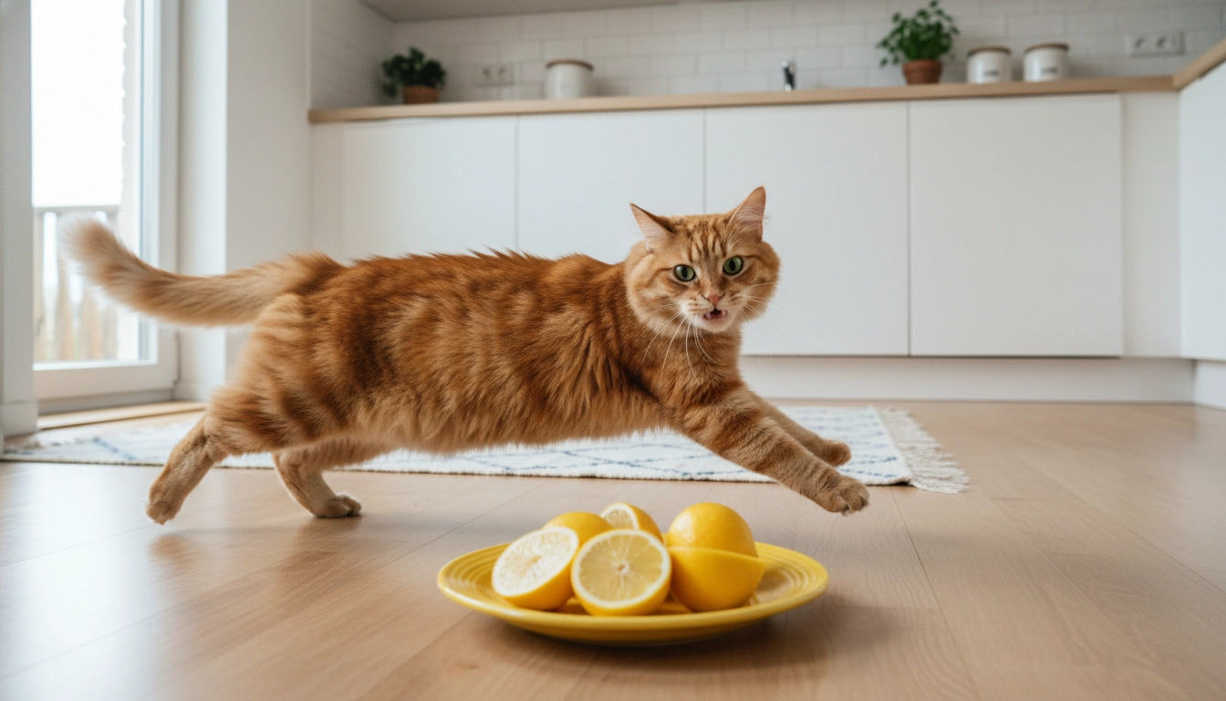 A cat dashing away from a plate of sliced lemons, showing their natural aversion to citrus.