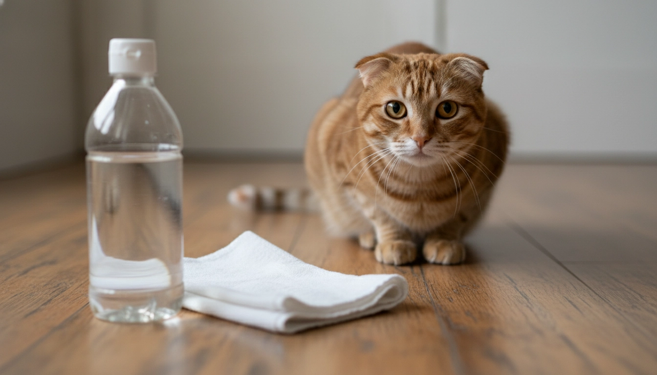 A bottle of white vinegar and a cleaning cloth on a floor with a cat watching suspiciously from a distance.