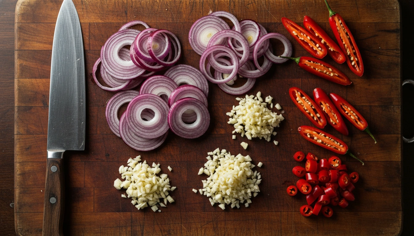 Freshly chopped red onions and chili peppers on a wooden board, which can cause nasal irritation in cats.