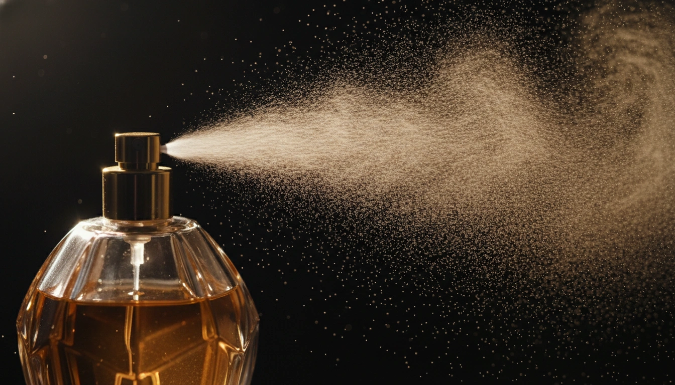 A fine mist from a perfume bottle in the air with a cat in the background showing signs of irritation.