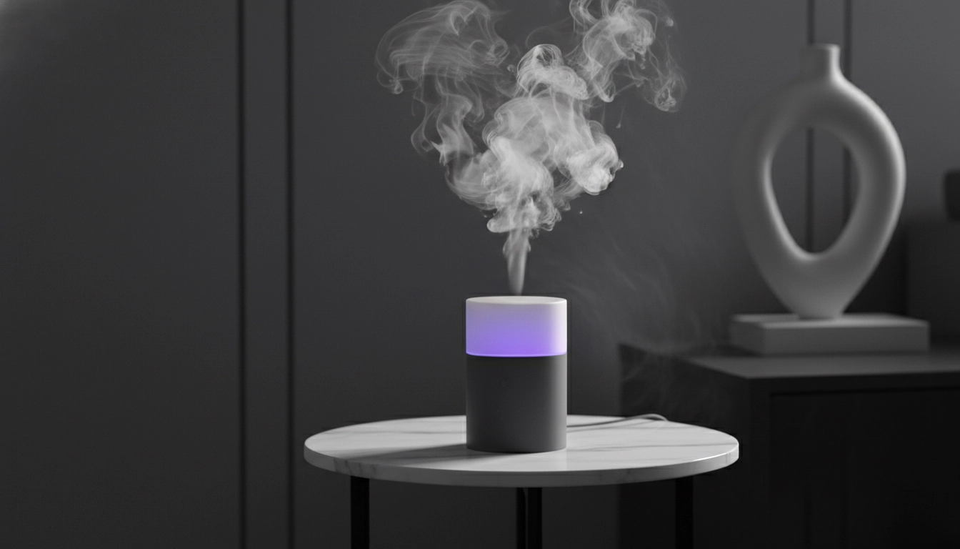 An ultrasonic essential oil diffuser emitting a plume of vapor, which can be dangerous for feline respiratory health.