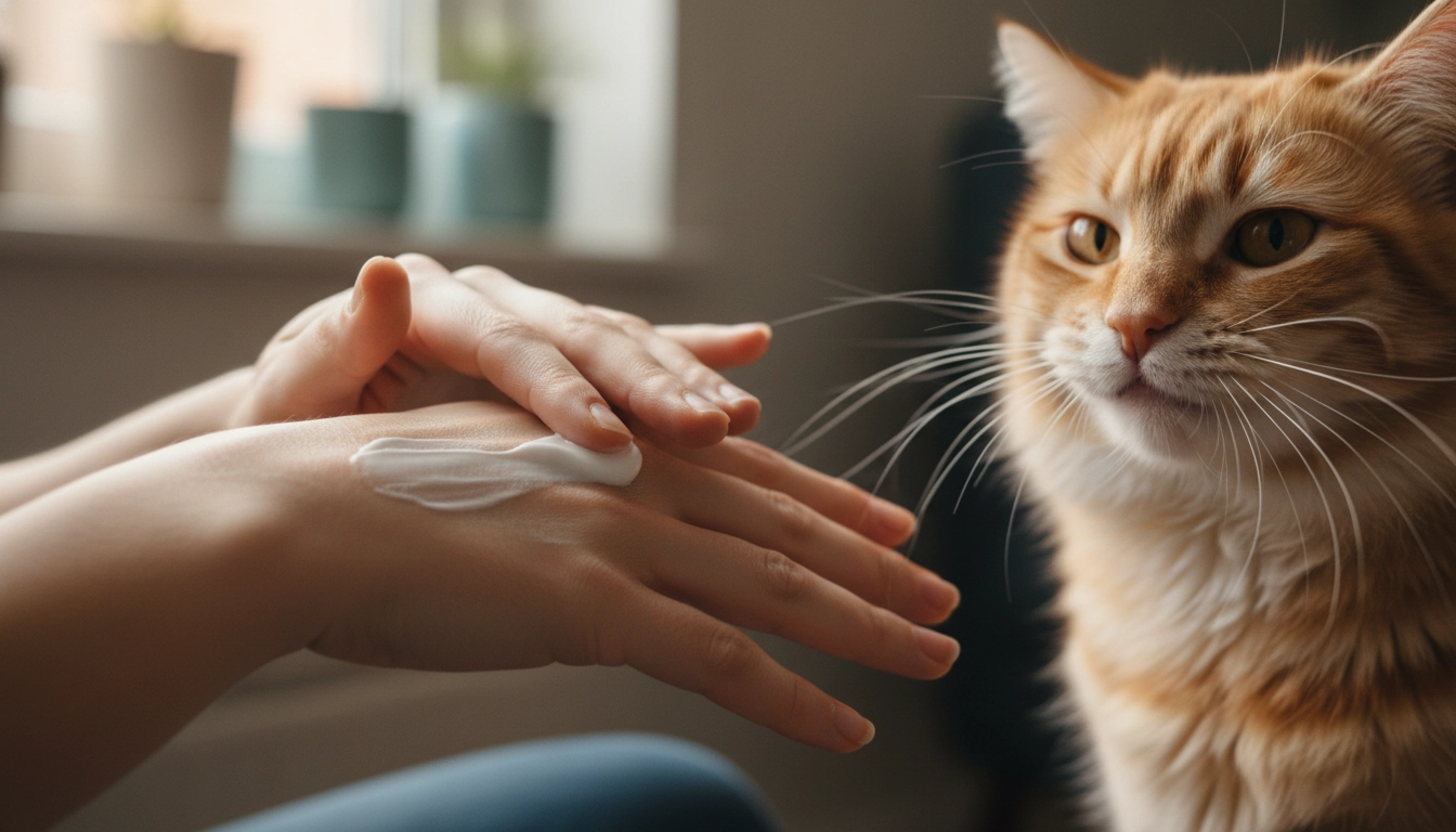 A person's hands applying lotion while a cat pulls its head back, refusing to be touched.
