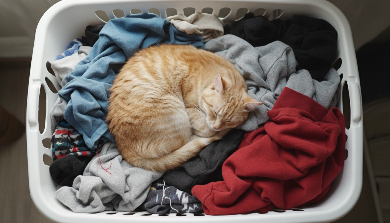A cat nestled inside a basket of used laundry, attempting to mix its scent with its owner's.