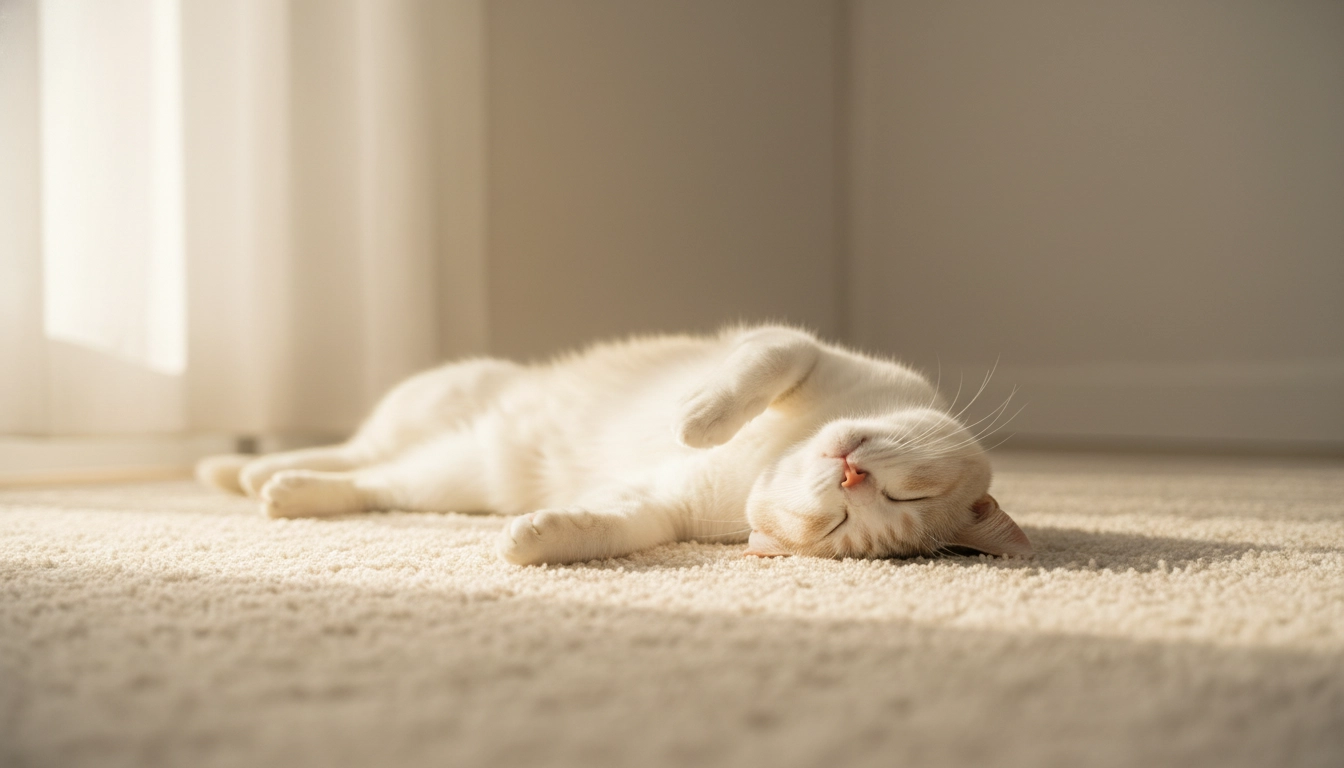 A peaceful cat stretched out in a sunlit spot, representing a stress-free, scent-neutral home.