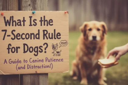 A vertical smartphone-style photo of a person holding a treat for a Golden Retriever, illustrating What Is the 7-Second Rule for Dogs?