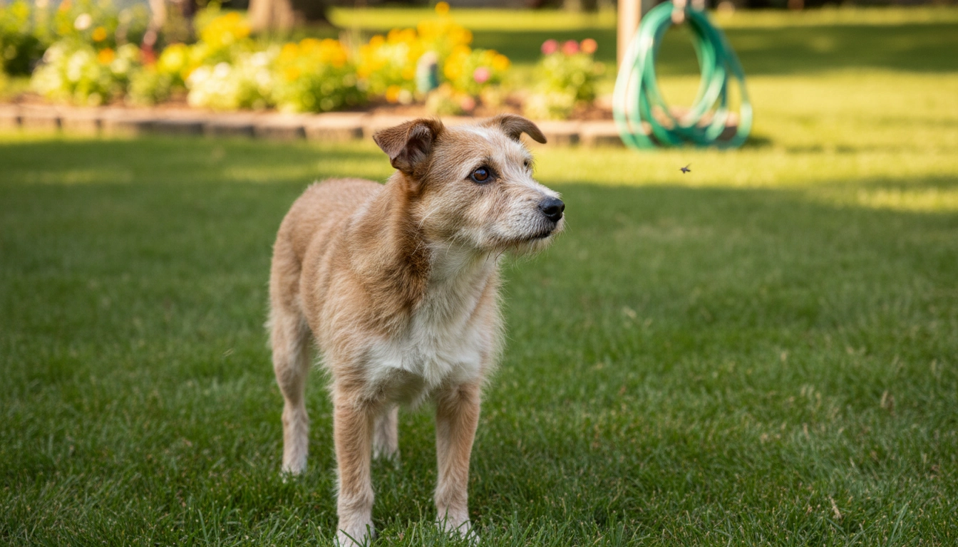 A curious dog looking at a buzzing fly, demonstrating the short memory window related to What Is the 7-Second Rule for Dogs?