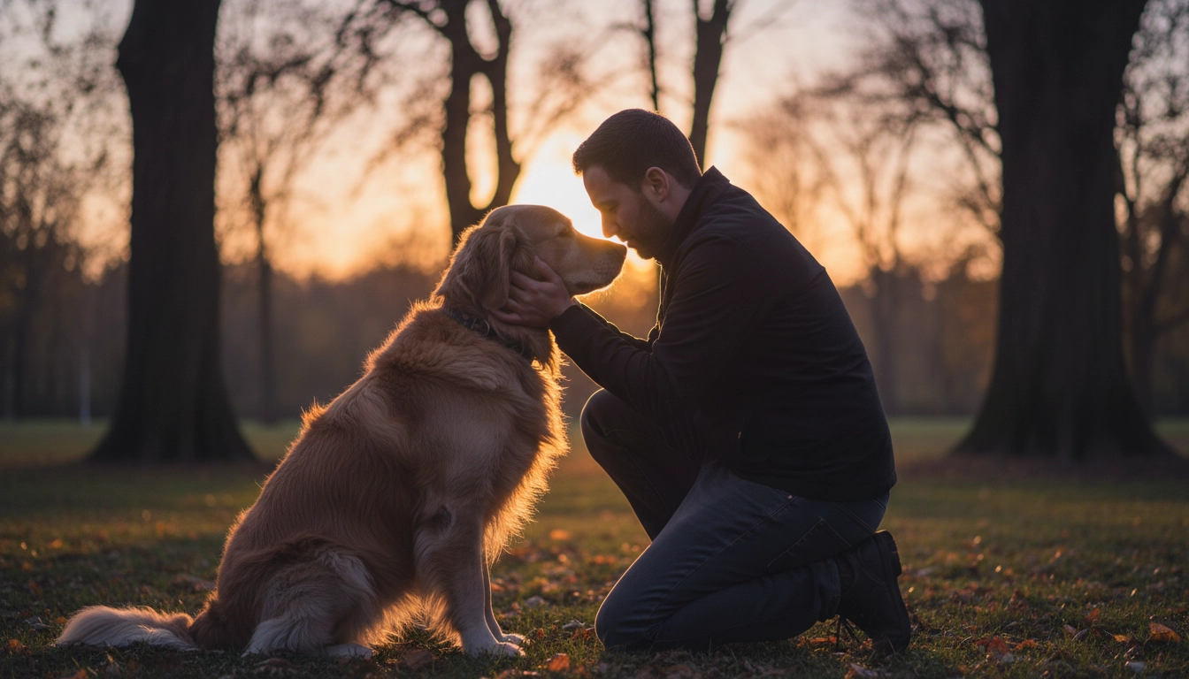 A man kneeling down to pet his dog's head, showing the bond built by What Is the 7-Second Rule for Dogs?