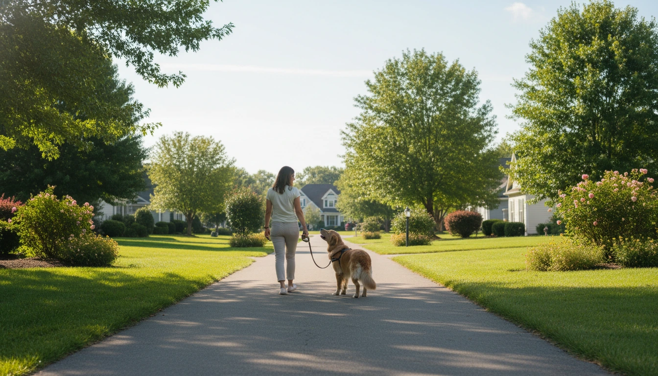 A person and a dog walking together on a suburban path, concluding the guide on What Is the 7-Second Rule for Dogs?