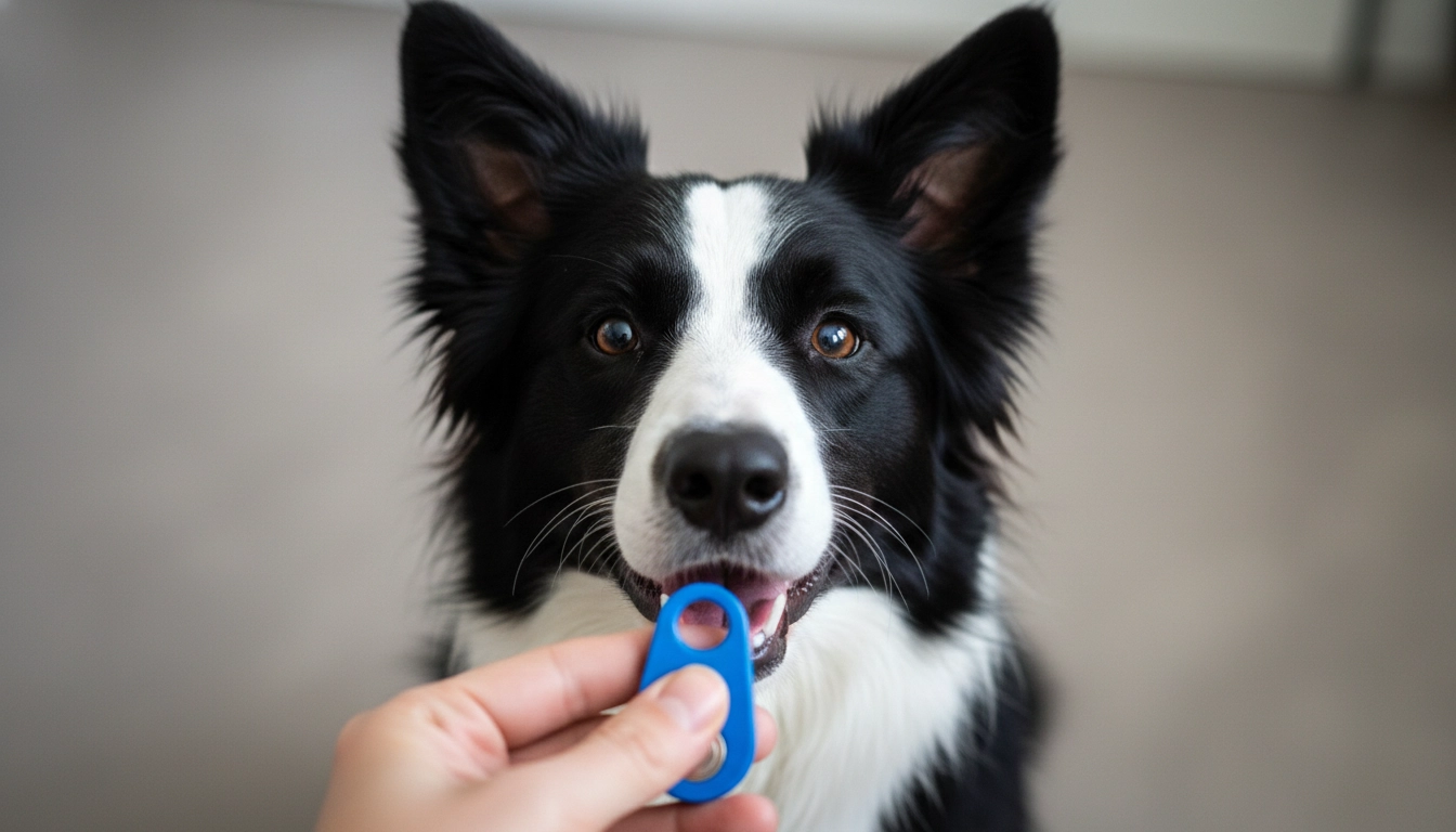 A dog looking alert and happy at the sound of a clicker, showing the bridge used in What Is the 7-Second Rule for Dogs?