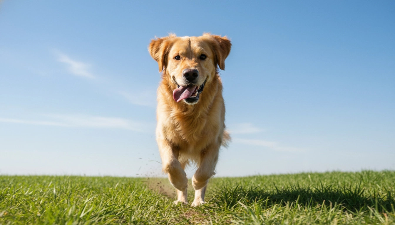 A happy dog running fast across a green field toward its owner, an example of What Is the 7-Second Rule for Dogs?