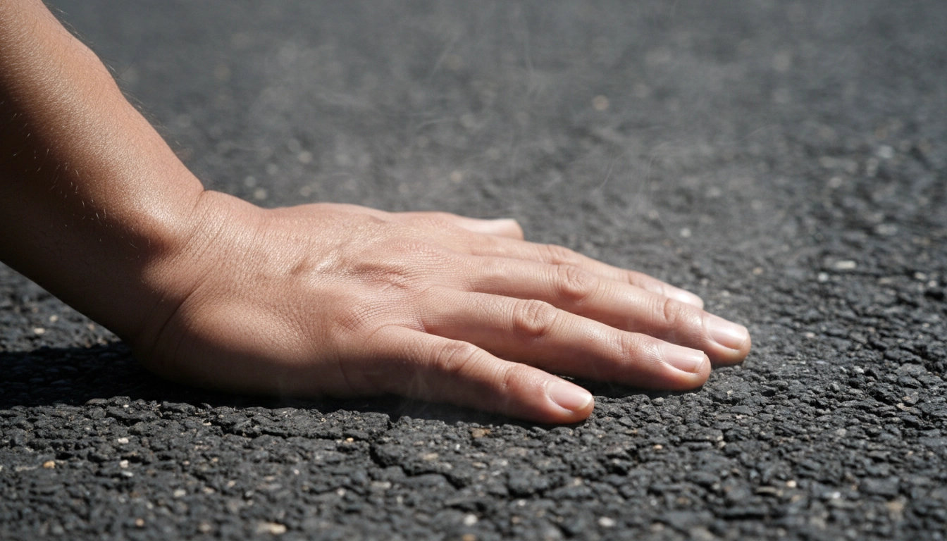 A person placing the back of their hand on dark asphalt to test the heat, demonstrating the safety version of What Is the 7-Second Rule for Dogs?