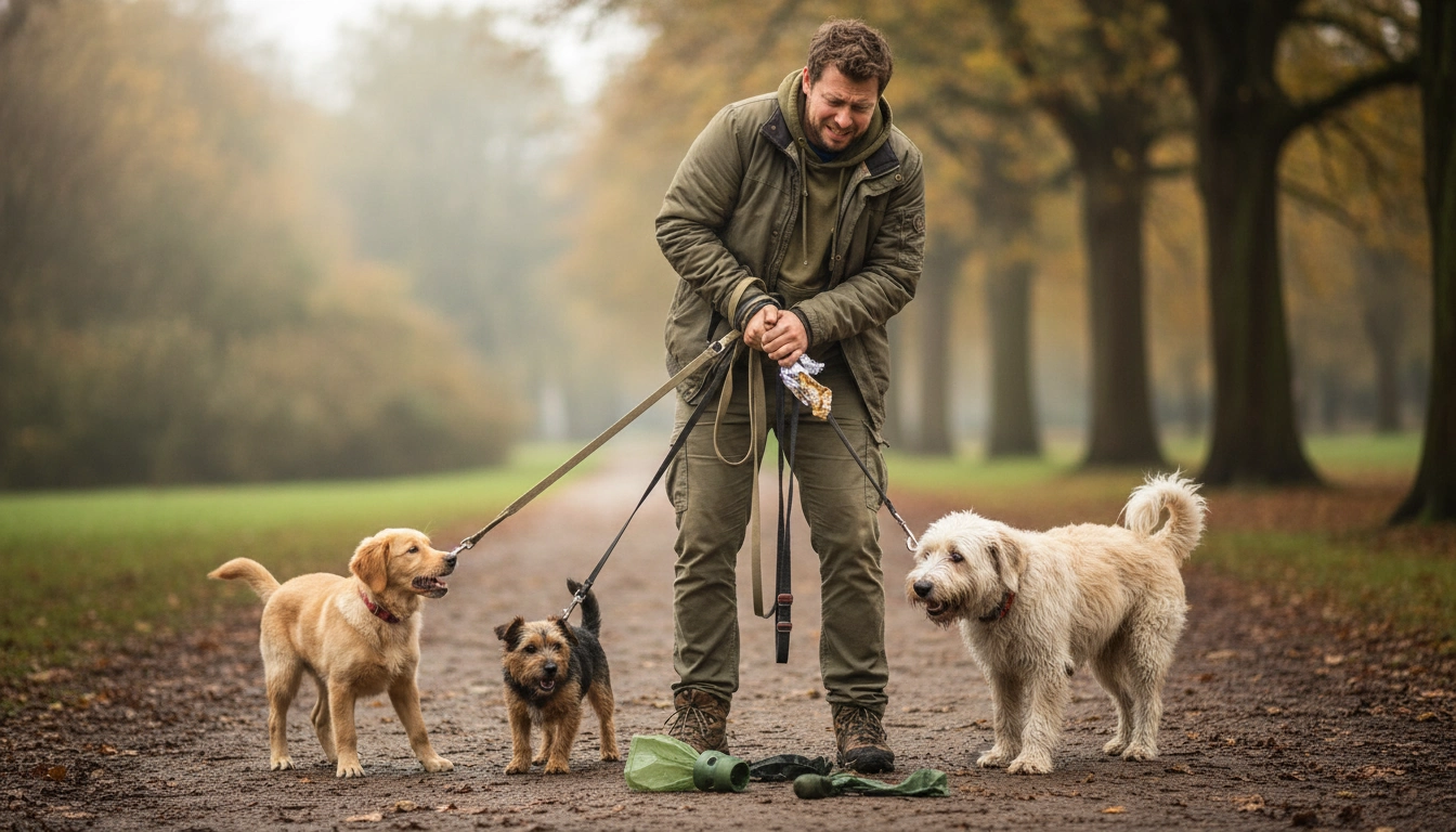 A person looking flustered while dropping a poop bag and holding a leash, a common mistake when applying What Is the 7-Second Rule for Dogs?
