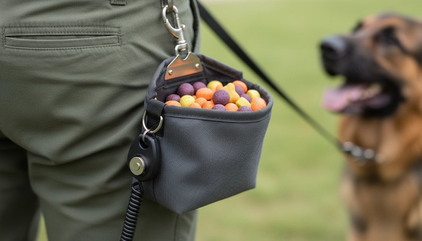 A close-up of a clip-on treat pouch filled with small snacks, showing how to effectively use What Is the 7-Second Rule for Dogs?