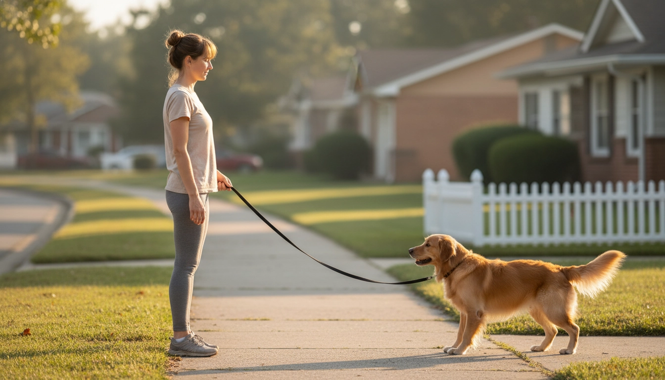 A person standing perfectly still while a dog pulls on a leash, illustrating a correction for What Is the 7-Second Rule for Dogs?