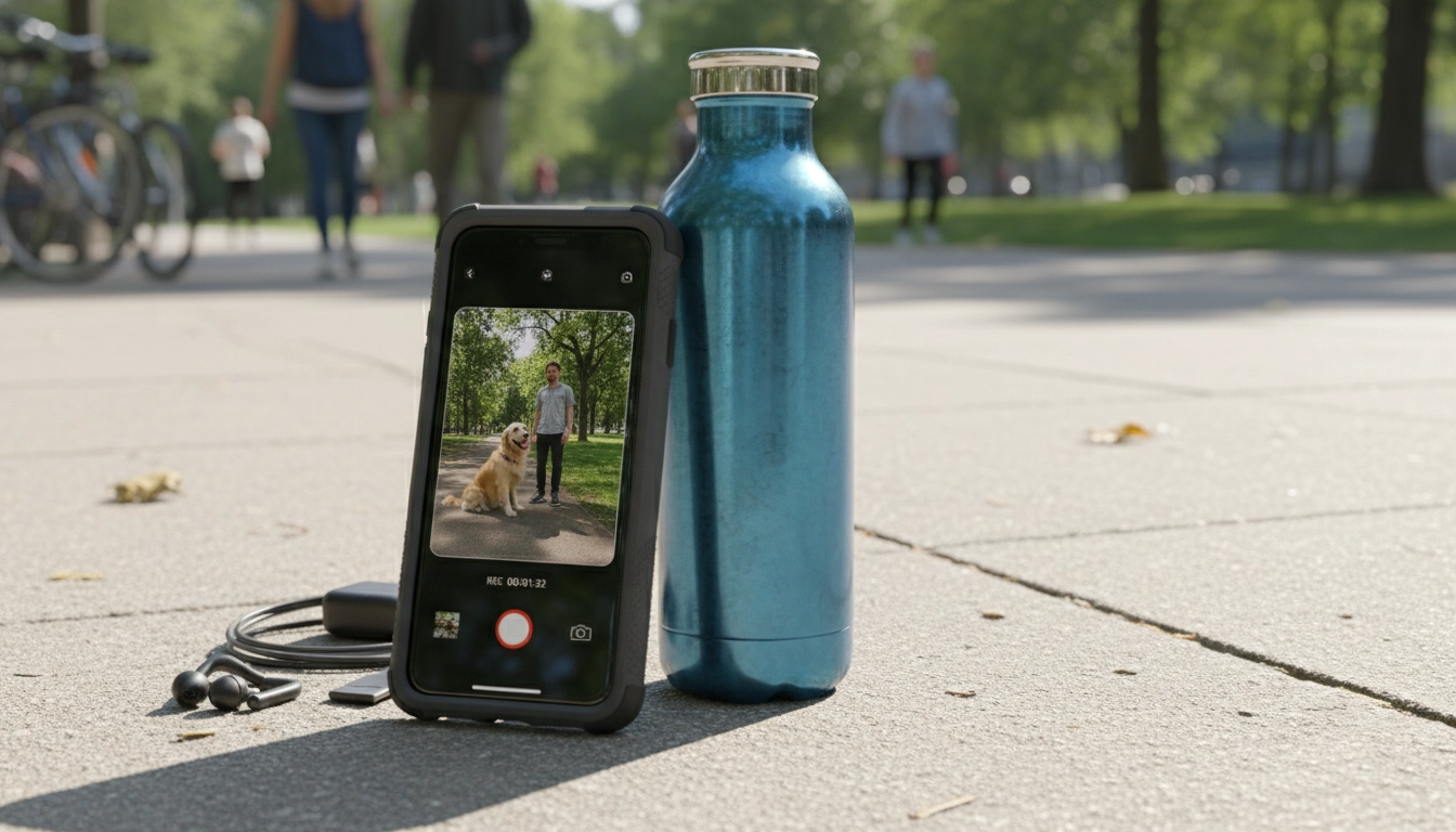 A smartphone propped against a water bottle on a sidewalk filming a dog and owner, a tip for What Is the 7-Second Rule for Dogs?