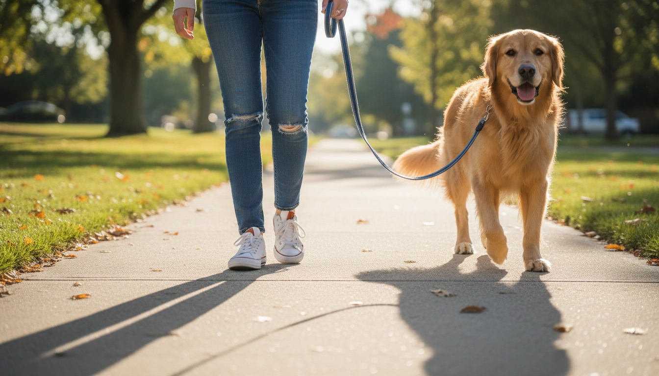 A man and his dog walking together on a path, demonstrating a shared rhythm.