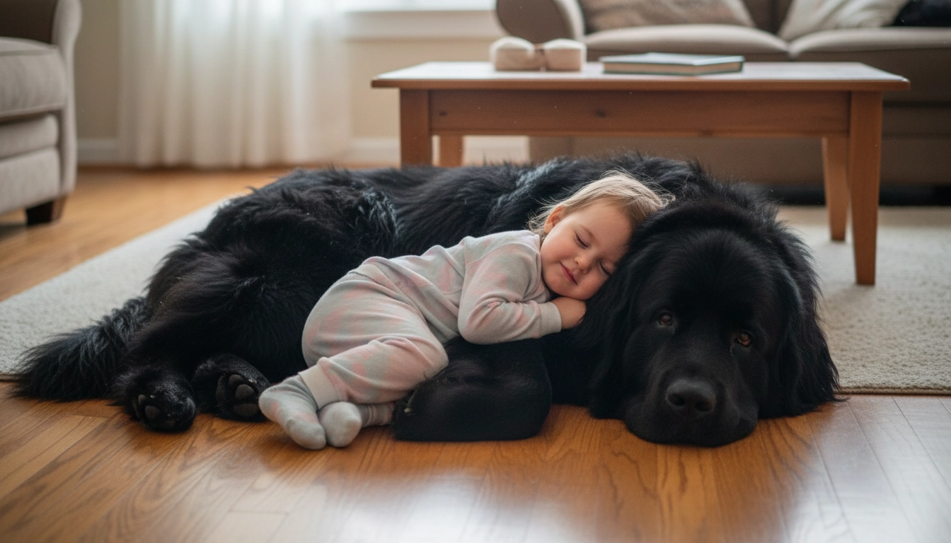 A calm Labrador Retriever sitting patiently while a small child hugs its neck.