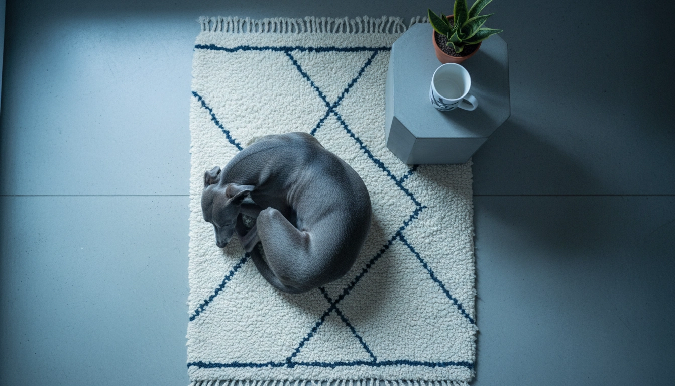 A French Bulldog napping on a stylish sofa in a city apartment with a window view.