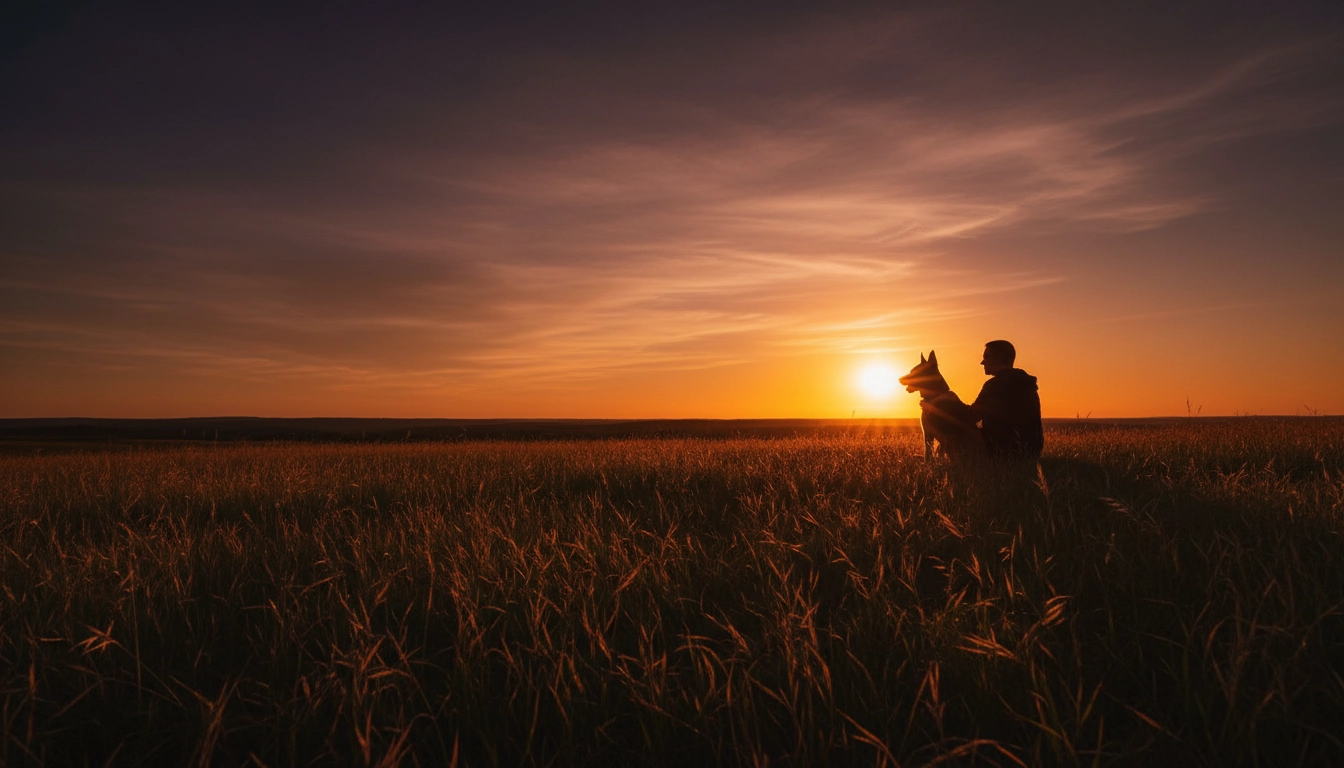 A silhouette of a person and their dog sitting together, looking out at a horizon.