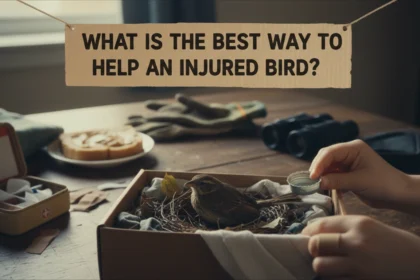 A homemade, slightly blurry photo of a cardboard shoebox with hand-punched air holes, representing what is the best way to help an injured bird?